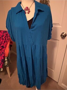 Umgee Teal Collared V-Neck Tiered Mini Dress